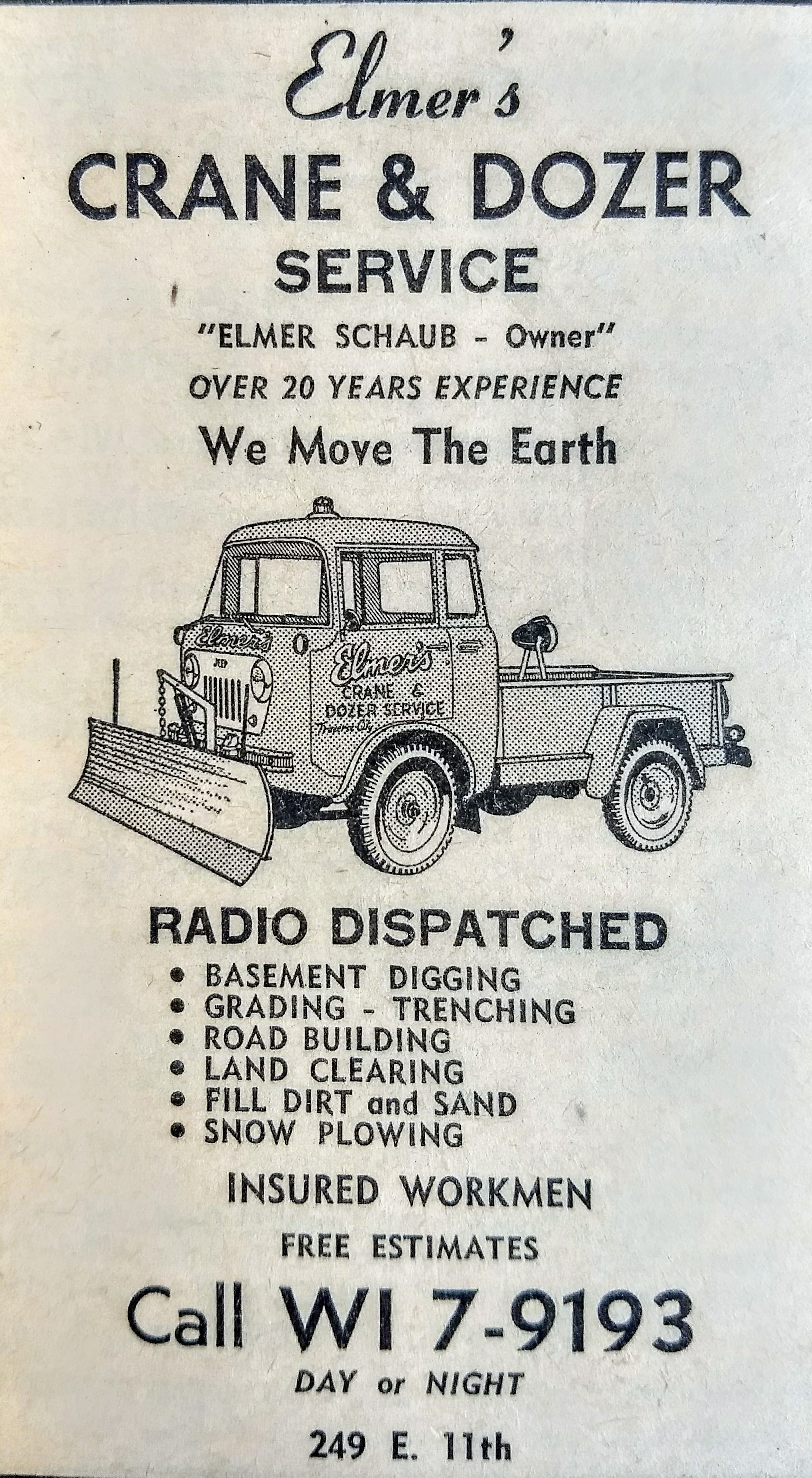 Elmer's Crane and Dozer advertisement in 1960
